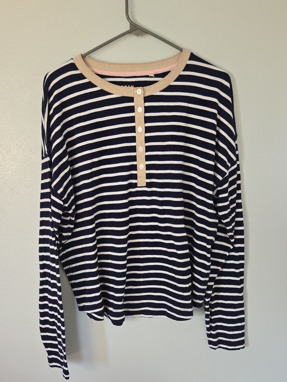Boden | Navy Striped Gold Trim Long Sleeve Henley Tee Size 14